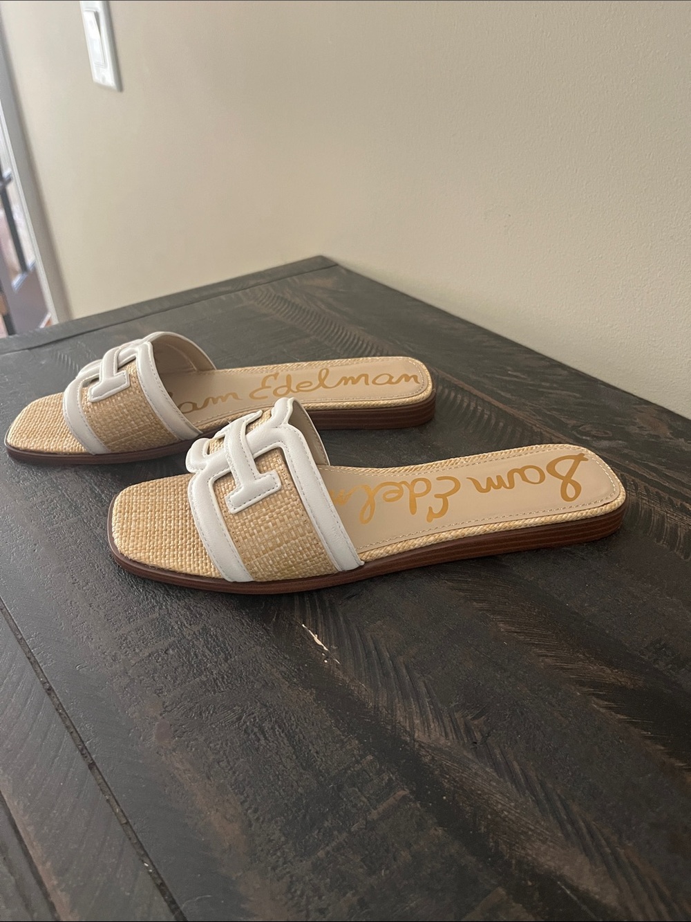 Sam Edelman White Trim Natural Woven Slide Mules